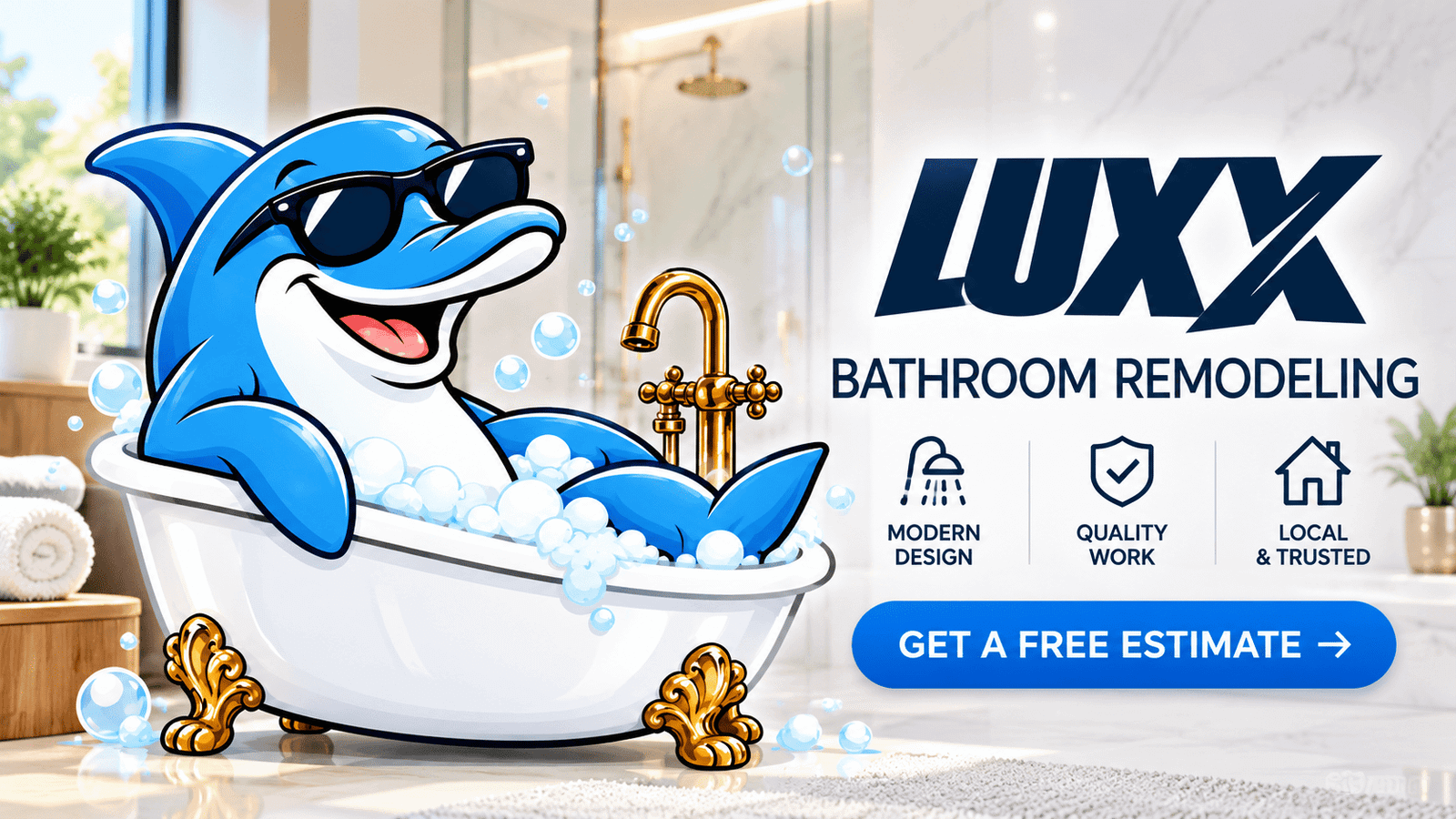 Luxx Bathroom Remodel yard sign: dolphin mascot relaxing in a clawfoot tub